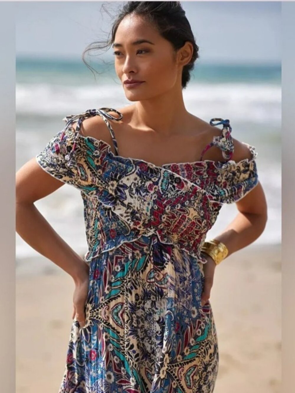 Anthropologie Smocked Multi-Color Gauze Criss-Cross Maxi Dress Sz S - Picture 4 of 15